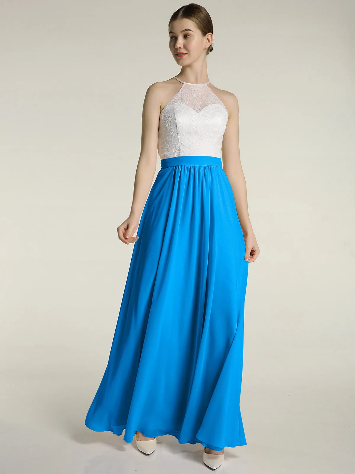 Chiffon Long Dresses with Ivory Lace Bodice-Ocean Blue
