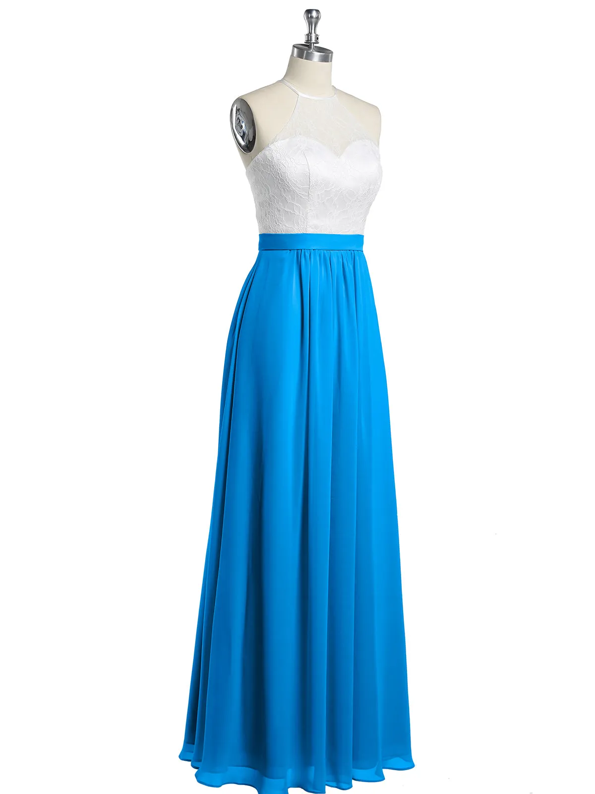 Chiffon Long Dresses with Ivory Lace Bodice-Ocean Blue