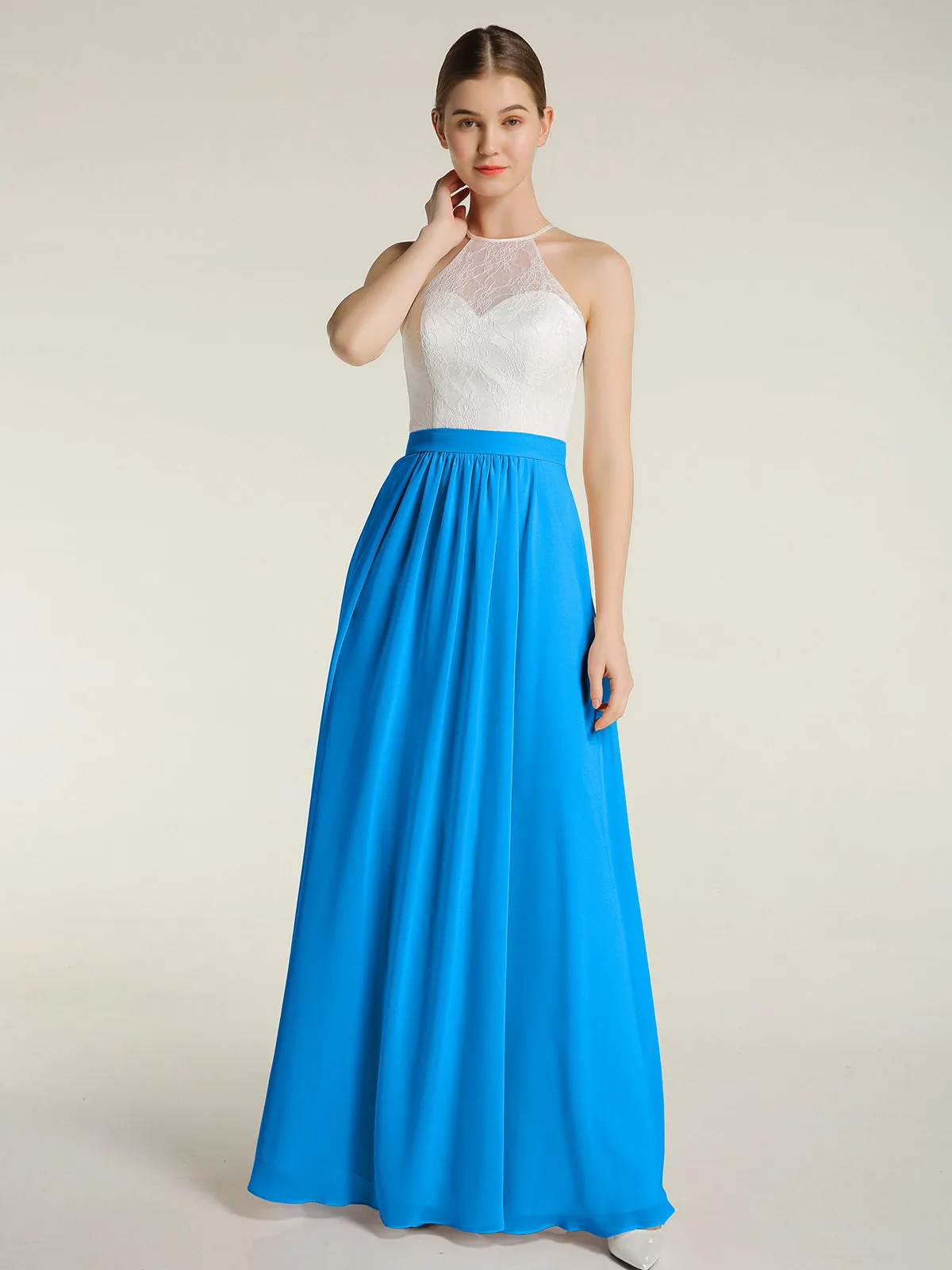 Chiffon Long Dresses with Ivory Lace Bodice-Ocean Blue