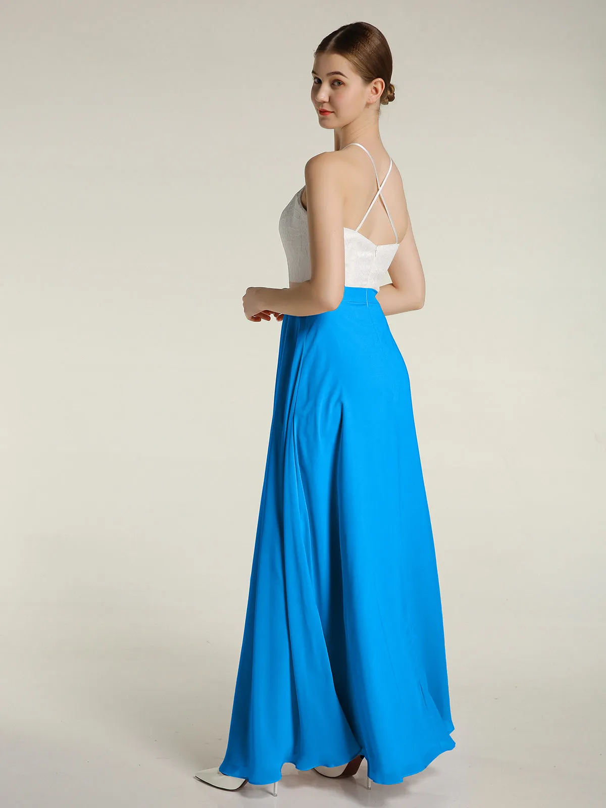 Chiffon Long Dresses with Ivory Lace Bodice-Ocean Blue