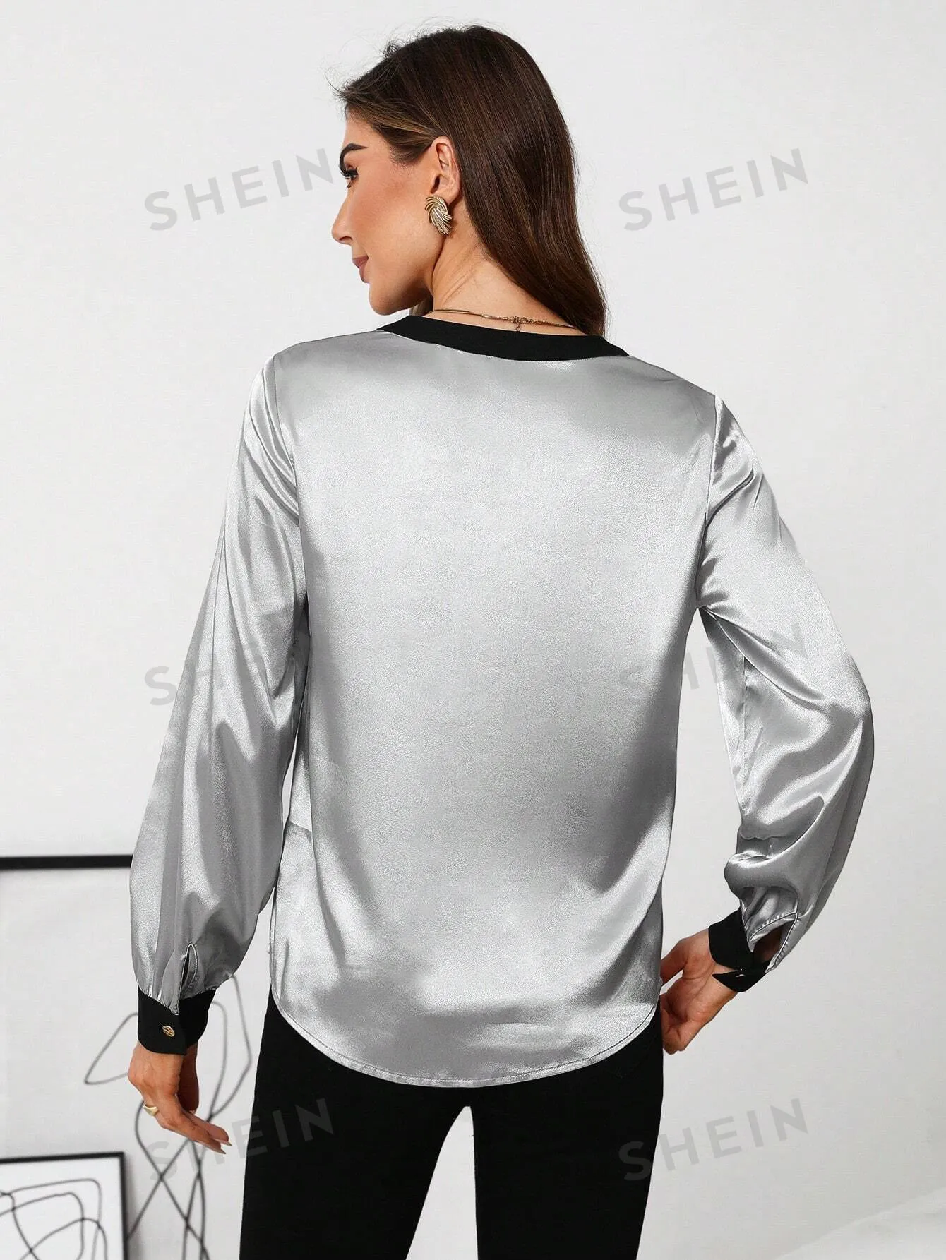 Clasi Women's Contrast Color Satin Long Sleeve Fitted Blouse, Suitable For Daily Wear, Party And Romantic Dates, Spring Autumn Winter
