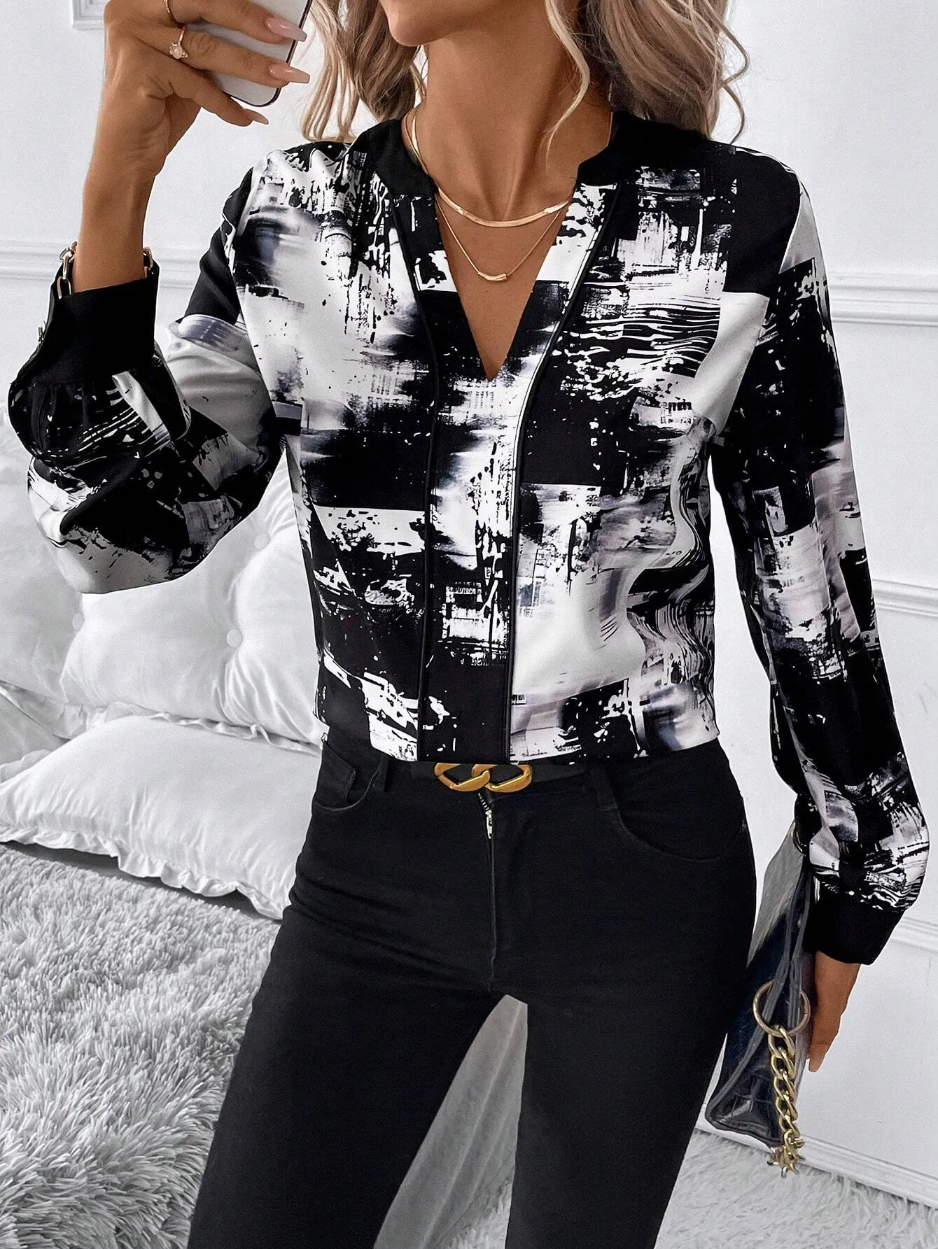 Clasi Women's Contrast Color Satin Long Sleeve Fitted Blouse, Suitable For Daily Wear, Party And Romantic Dates, Spring Autumn Winter