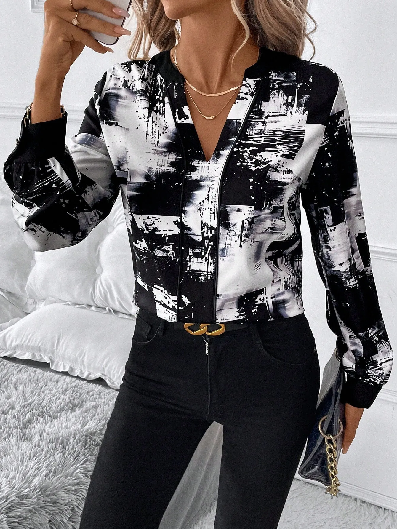 Clasi Women's Contrast Color Satin Long Sleeve Fitted Blouse, Suitable For Daily Wear, Party And Romantic Dates, Spring Autumn Winter