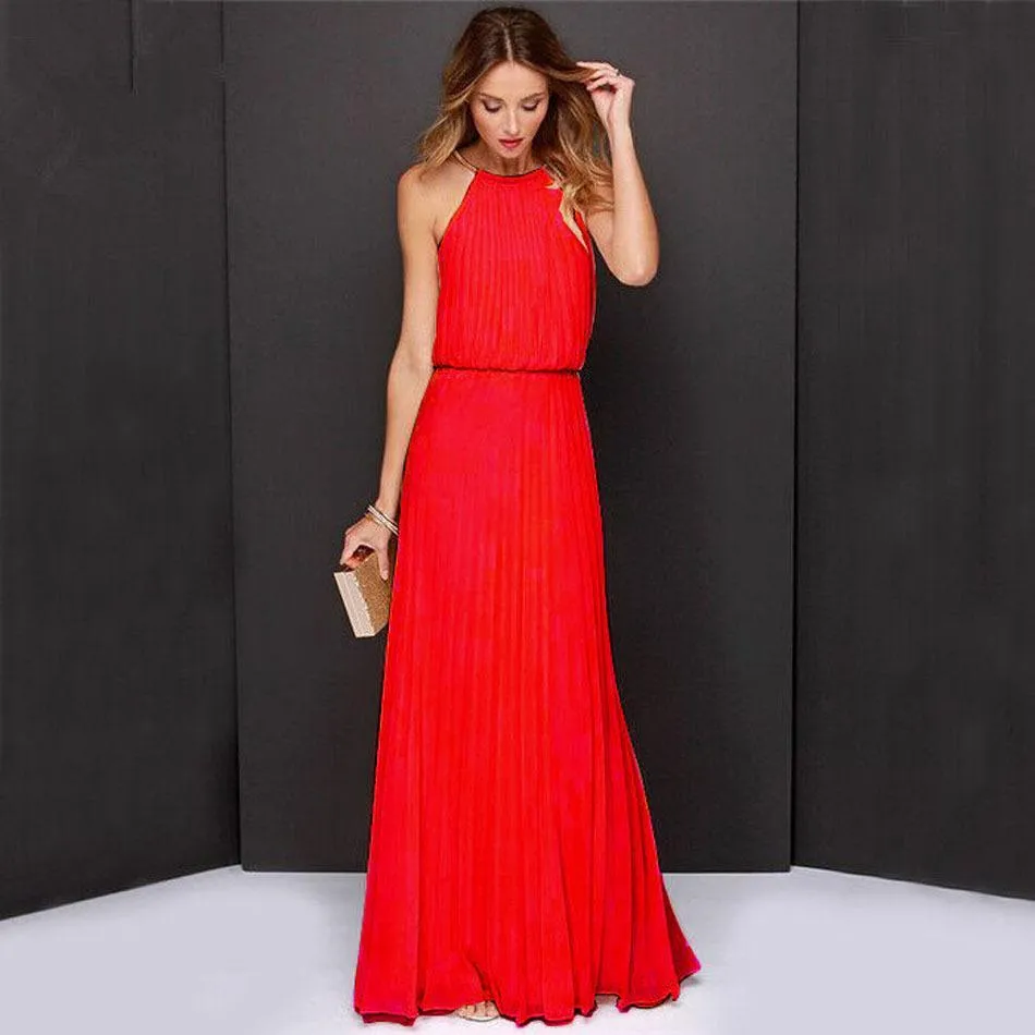 Clearance Formal Bear Shoulder Pleated Long Chiffon Maxi Party Prom Dress