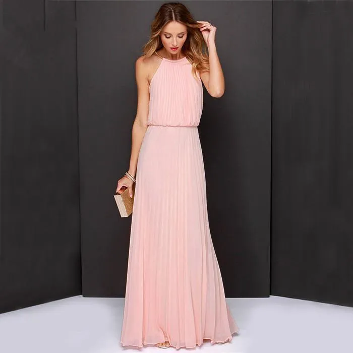 Clearance Formal Bear Shoulder Pleated Long Chiffon Maxi Party Prom Dress