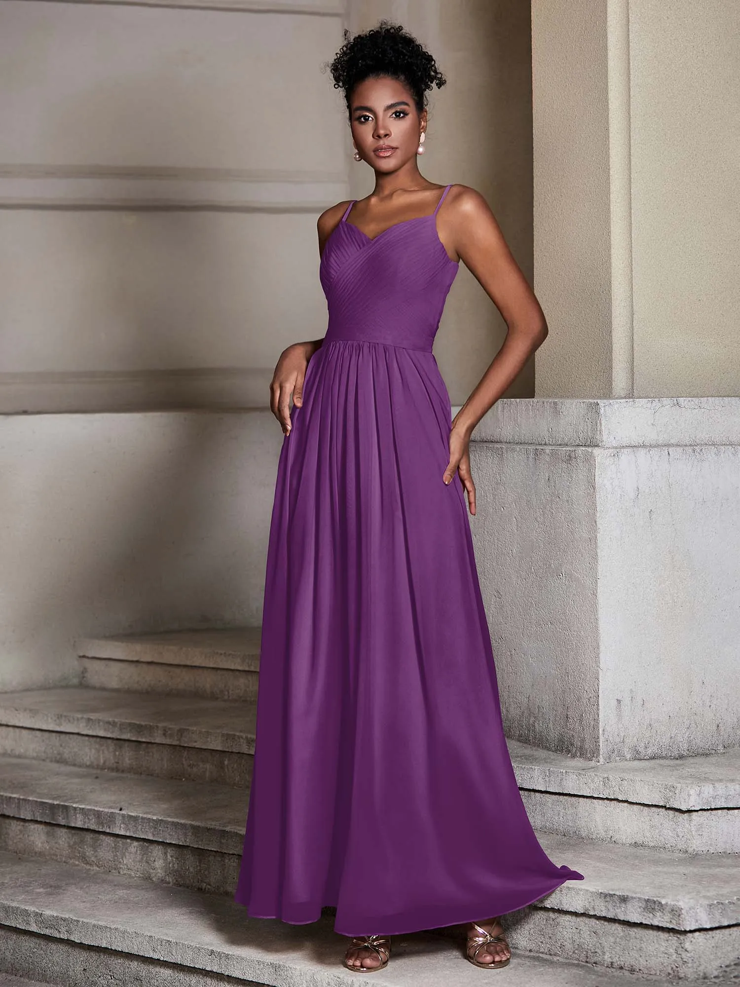 Cross Pleated Bodice Spaghetti Strap Dresses Grape