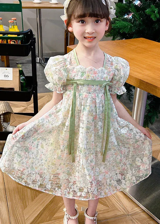 Cute Light Green Print Patchwork Tulle Kids Girls Dresses Summer LY6425