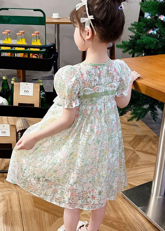Cute Light Green Print Patchwork Tulle Kids Girls Dresses Summer LY6425