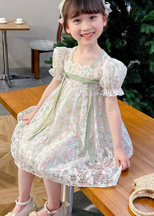 Cute Light Green Print Patchwork Tulle Kids Girls Dresses Summer LY6425