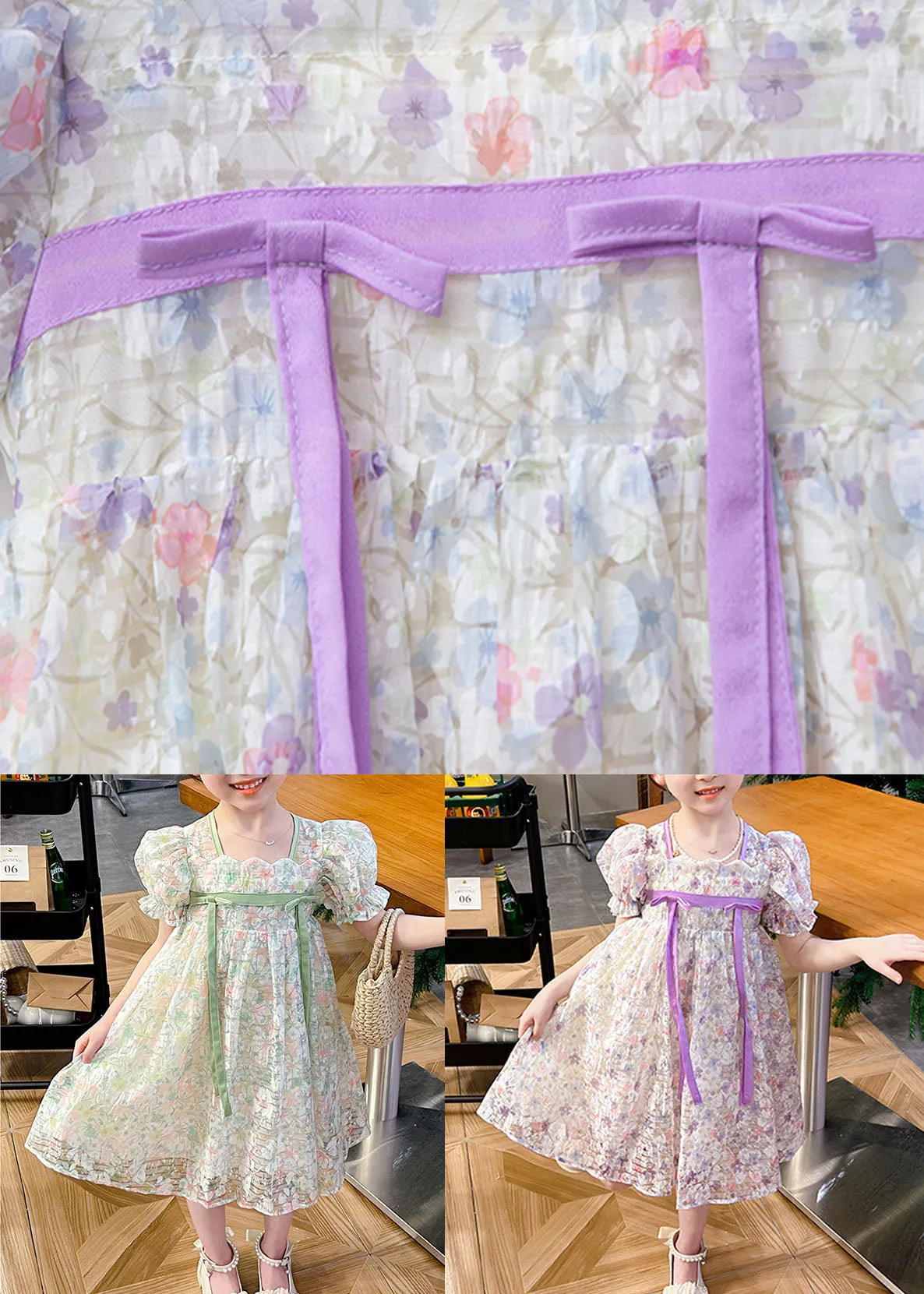 Cute Light Green Print Patchwork Tulle Kids Girls Dresses Summer LY6425