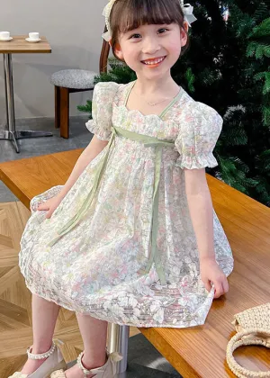 Cute Light Green Print Patchwork Tulle Kids Girls Dresses Summer LY6425