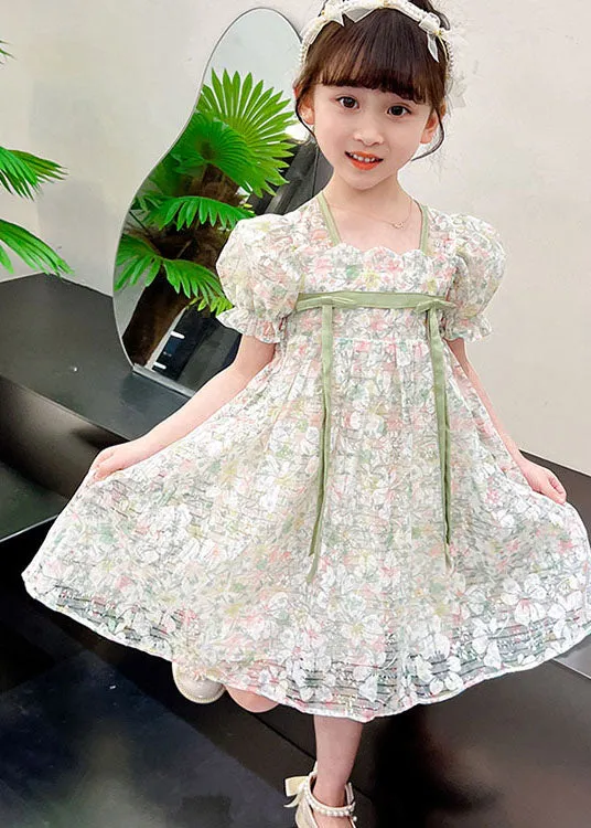 Cute Light Green Print Patchwork Tulle Kids Girls Dresses Summer LY6425