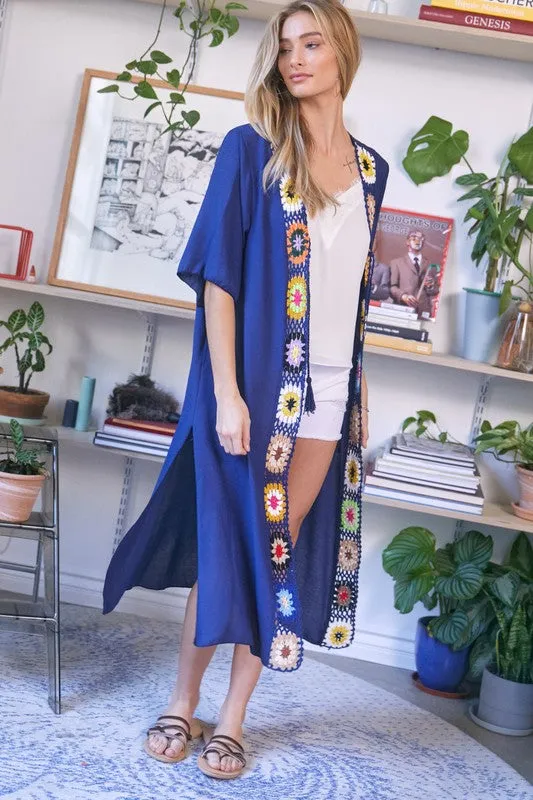 Davi & Dani Crochet Trim Solid Long Kimono