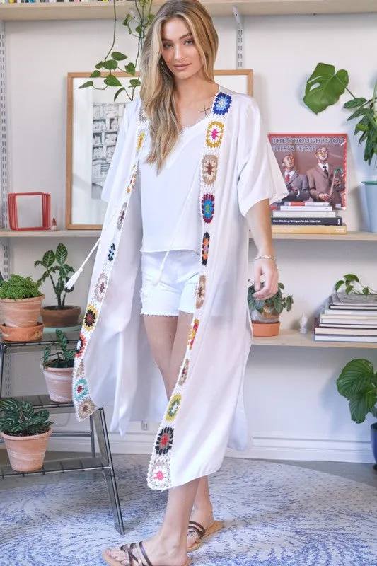 Davi & Dani Crochet Trim Solid Long Kimono