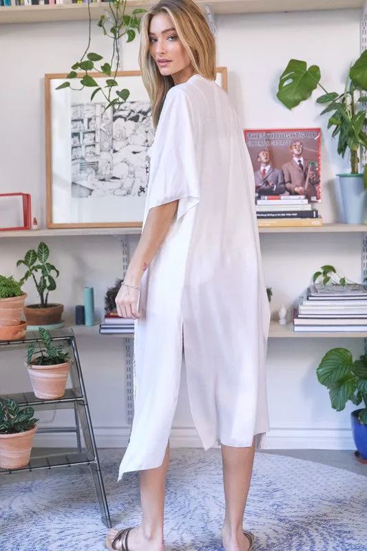 Davi & Dani Crochet Trim Solid Long Kimono