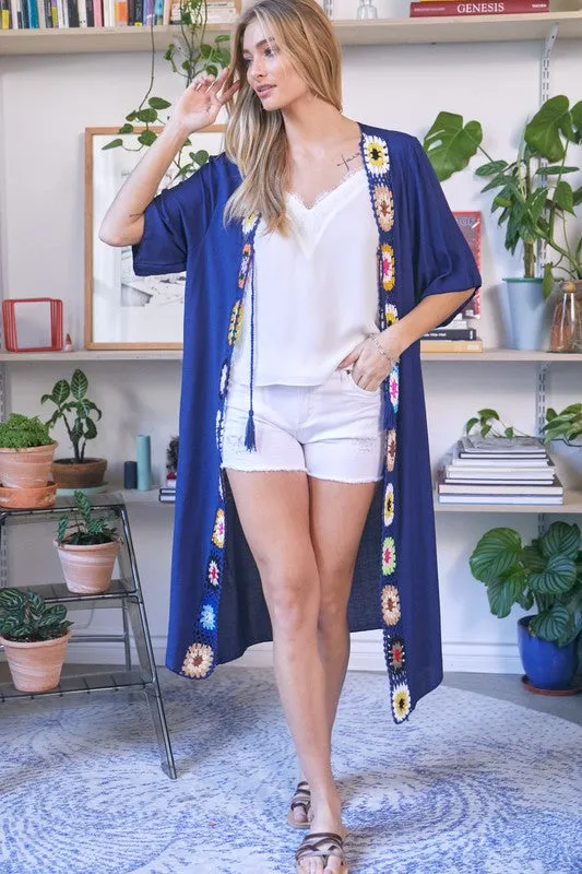 Davi & Dani Crochet Trim Solid Long Kimono