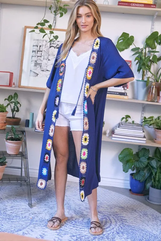 Davi & Dani Crochet Trim Solid Long Kimono