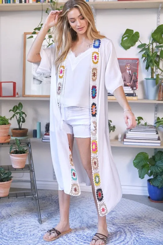 Davi & Dani Crochet Trim Solid Long Kimono