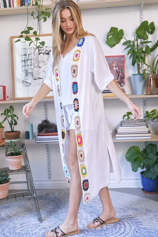 Davi & Dani Crochet Trim Solid Long Kimono