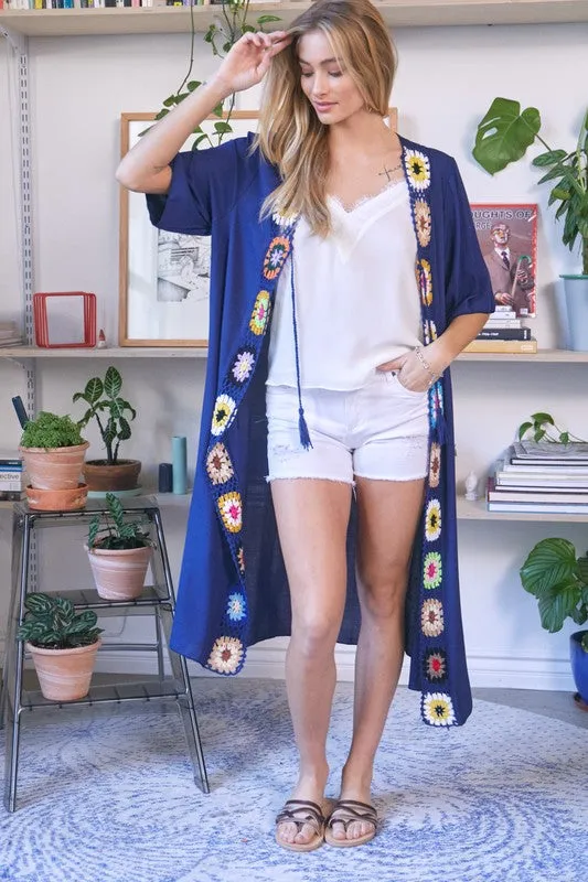Davi & Dani Crochet Trim Solid Long Kimono