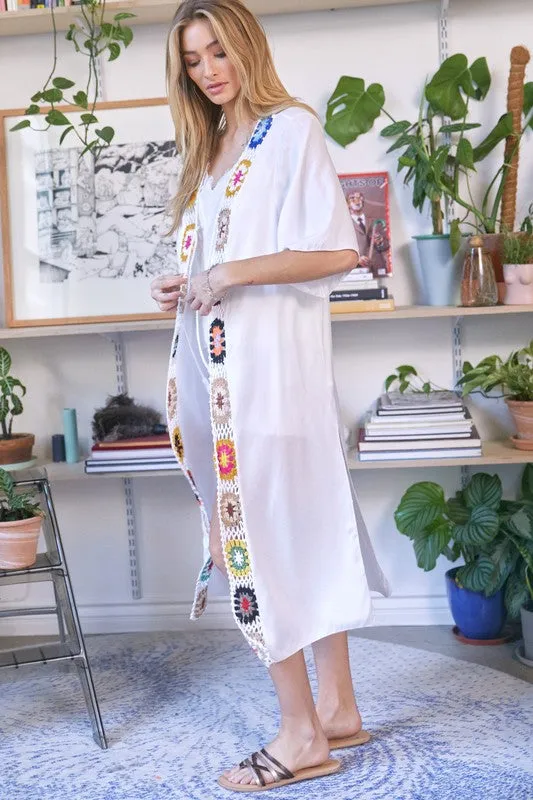 Davi & Dani Crochet Trim Solid Long Kimono