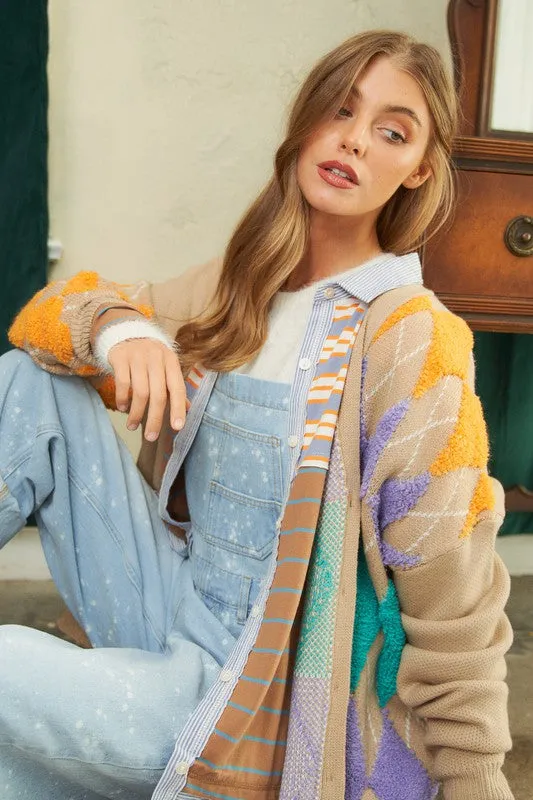 Davi & Dani Plush Argyle Button Front Loose Fit Knit Cardigan