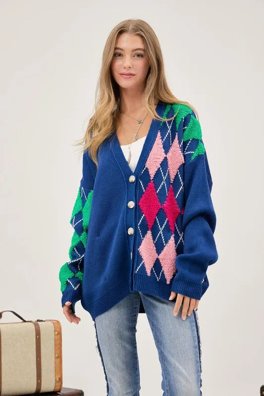 Davi & Dani Plush Argyle Button Front Loose Fit Knit Cardigan