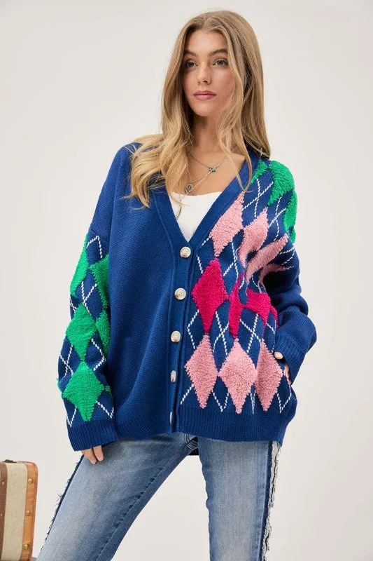 Davi & Dani Plush Argyle Button Front Loose Fit Knit Cardigan