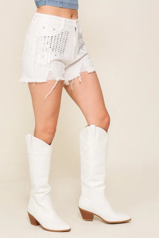 Distress Denim Shorts w/ Fringe Detail