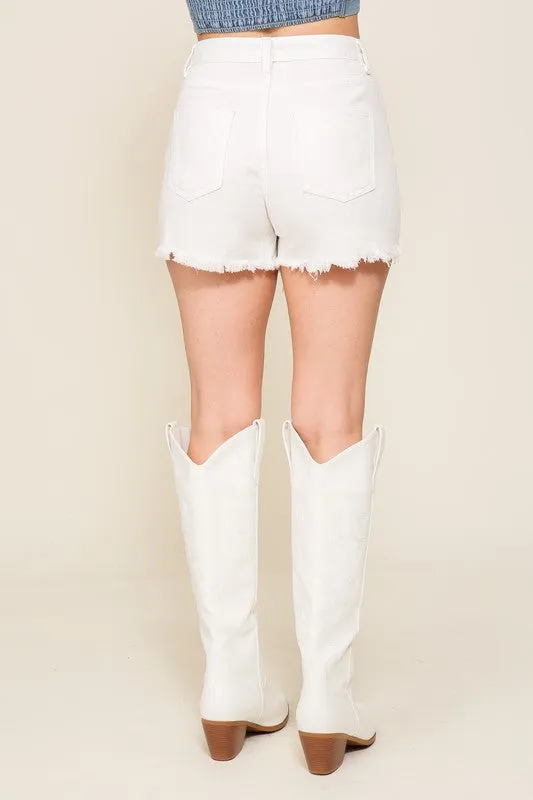 Distress Denim Shorts w/ Fringe Detail