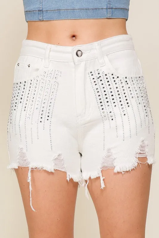 Distress Denim Shorts w/ Fringe Detail