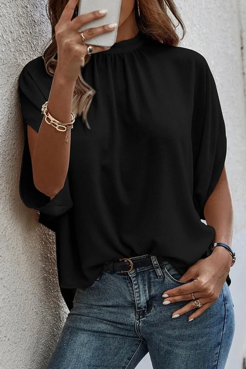 DOLMAN SLEEVE LACE-UP CHIFFON BLOUSE