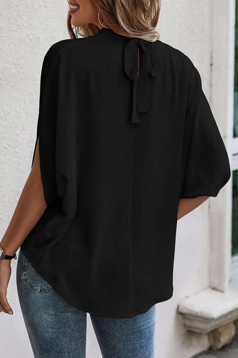 DOLMAN SLEEVE LACE-UP CHIFFON BLOUSE