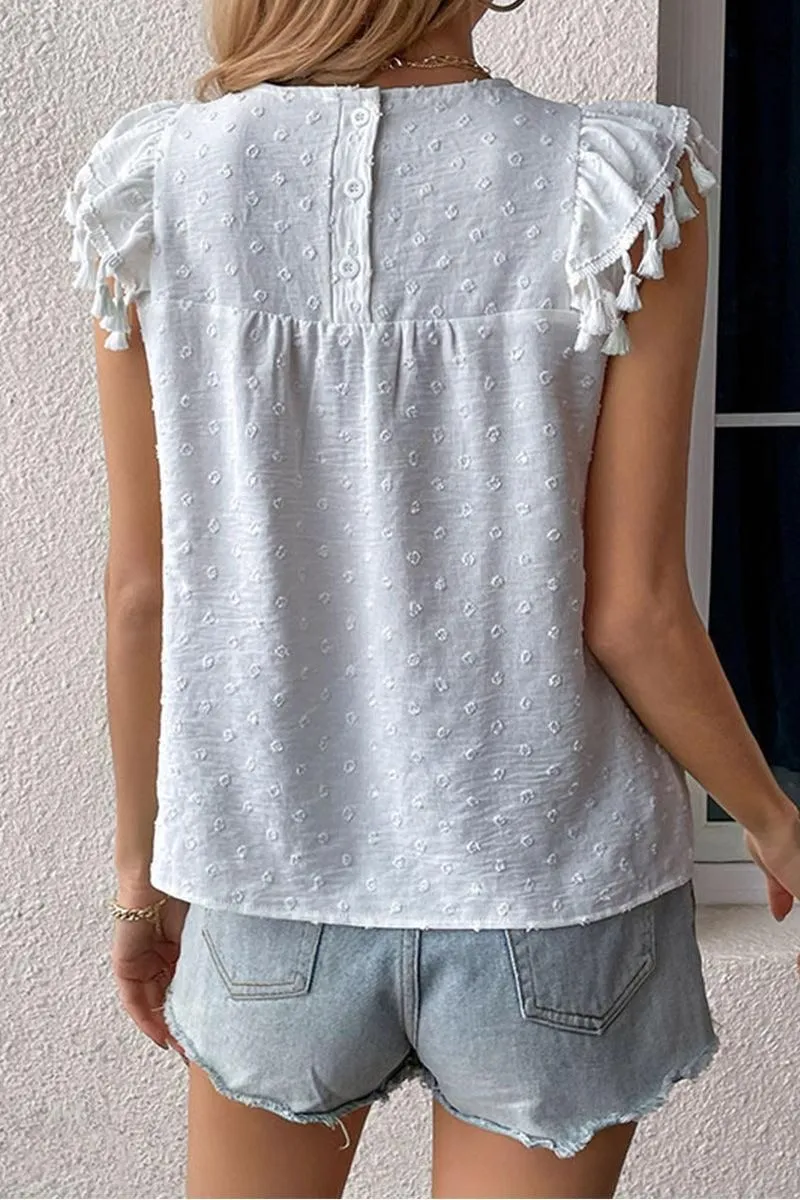 DOT LACE WRINKLED CHEST TASSEL CAP SLEEVE TEE