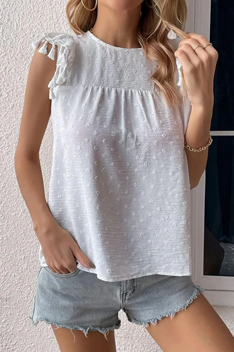 DOT LACE WRINKLED CHEST TASSEL CAP SLEEVE TEE