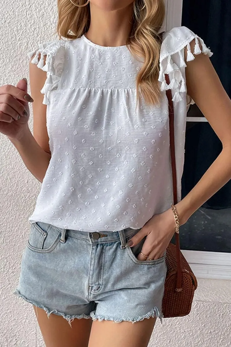 DOT LACE WRINKLED CHEST TASSEL CAP SLEEVE TEE