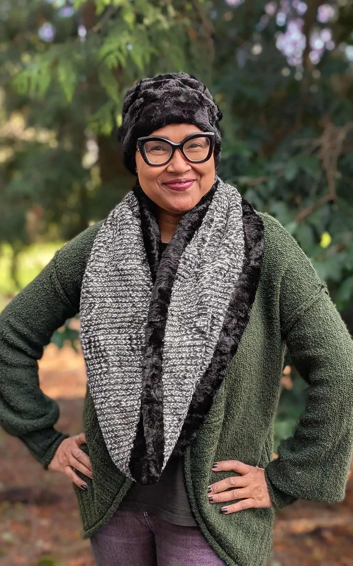 Double Cowl Shrug - Cozy Cable in Ash Faux Fur with Cuddly Fur (Limited Availability)