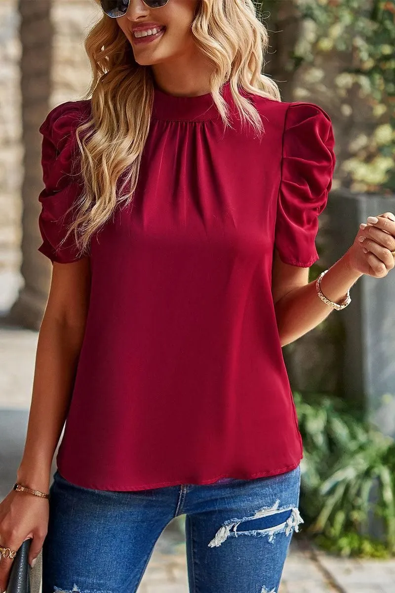 DRAPED SLEEVE JEWEL NECK CASUAL TOP
