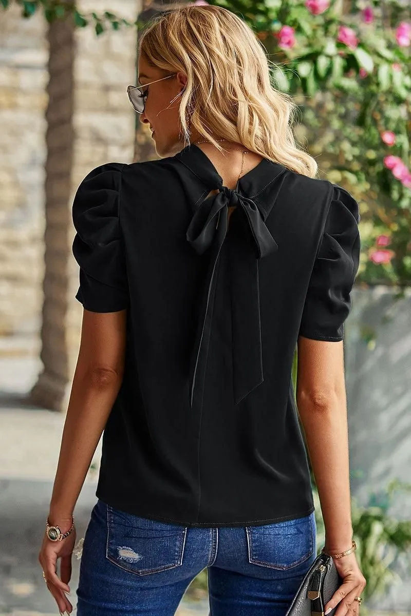 DRAPED SLEEVE JEWEL NECK CASUAL TOP