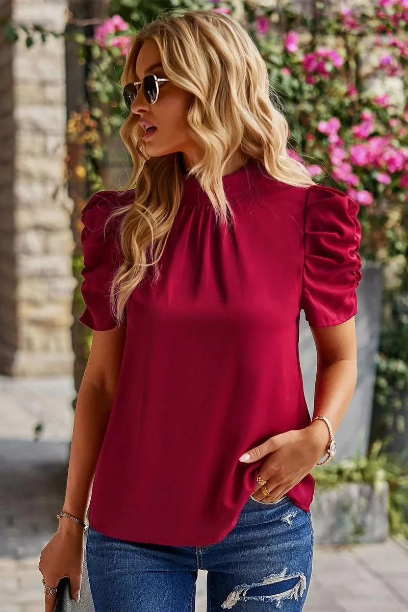 DRAPED SLEEVE JEWEL NECK CASUAL TOP