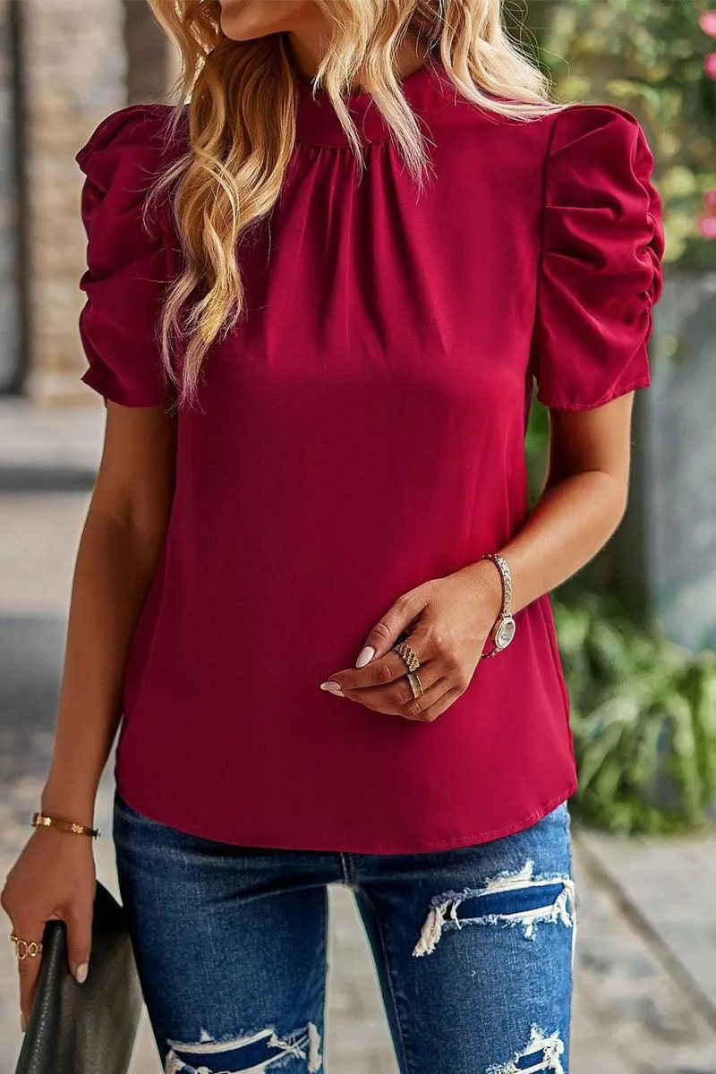 DRAPED SLEEVE JEWEL NECK CASUAL TOP