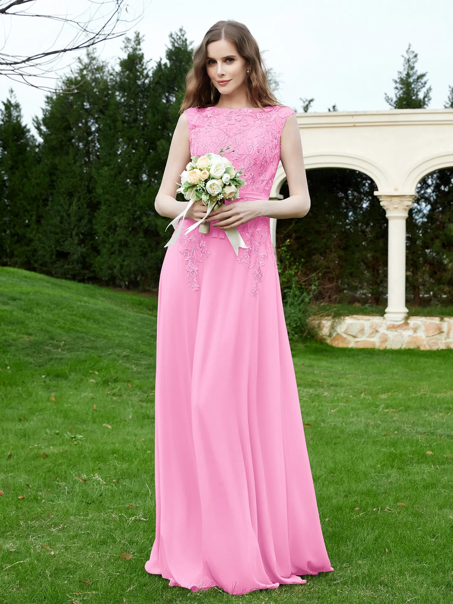 Elegant Illusion Lace Appliqued Dress With Buttons Candy Pink Plus Size