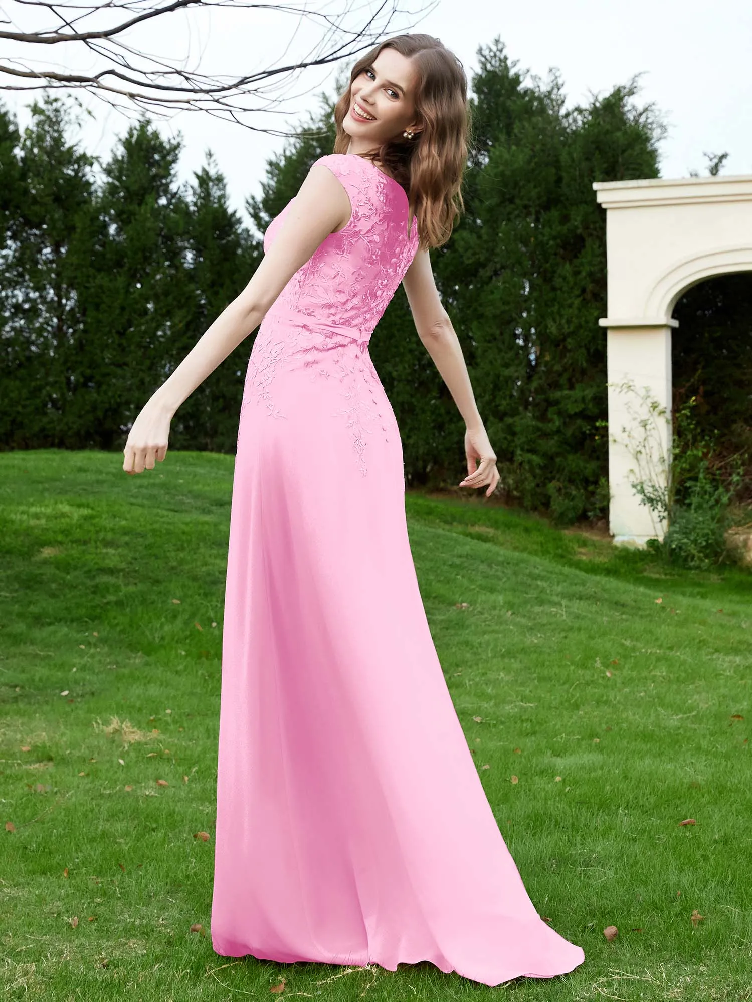 Elegant Illusion Lace Appliqued Dress With Buttons Candy Pink Plus Size