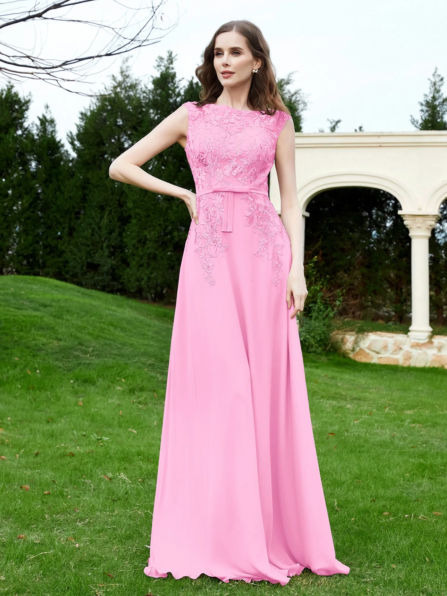 Elegant Illusion Lace Appliqued Dress With Buttons Candy Pink Plus Size
