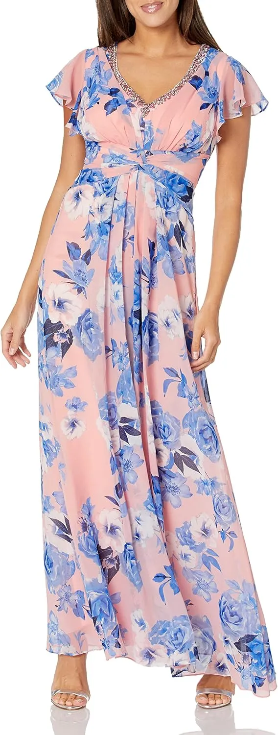 Eliza J Women's Gown Style Twist Waist Chiffon Flutter Sleeve Beaded Vneck Dress