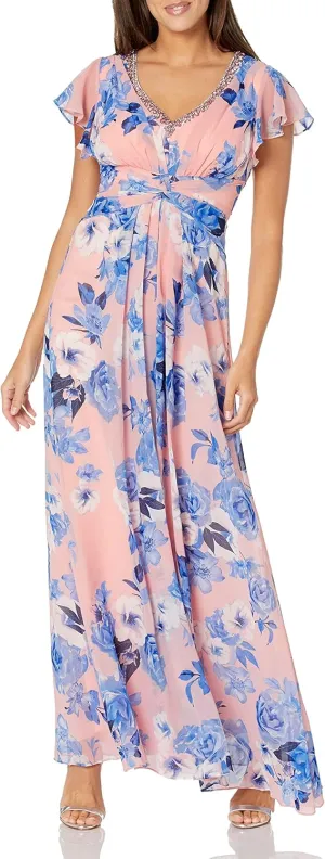 Eliza J Women's Gown Style Twist Waist Chiffon Flutter Sleeve Beaded Vneck Dress