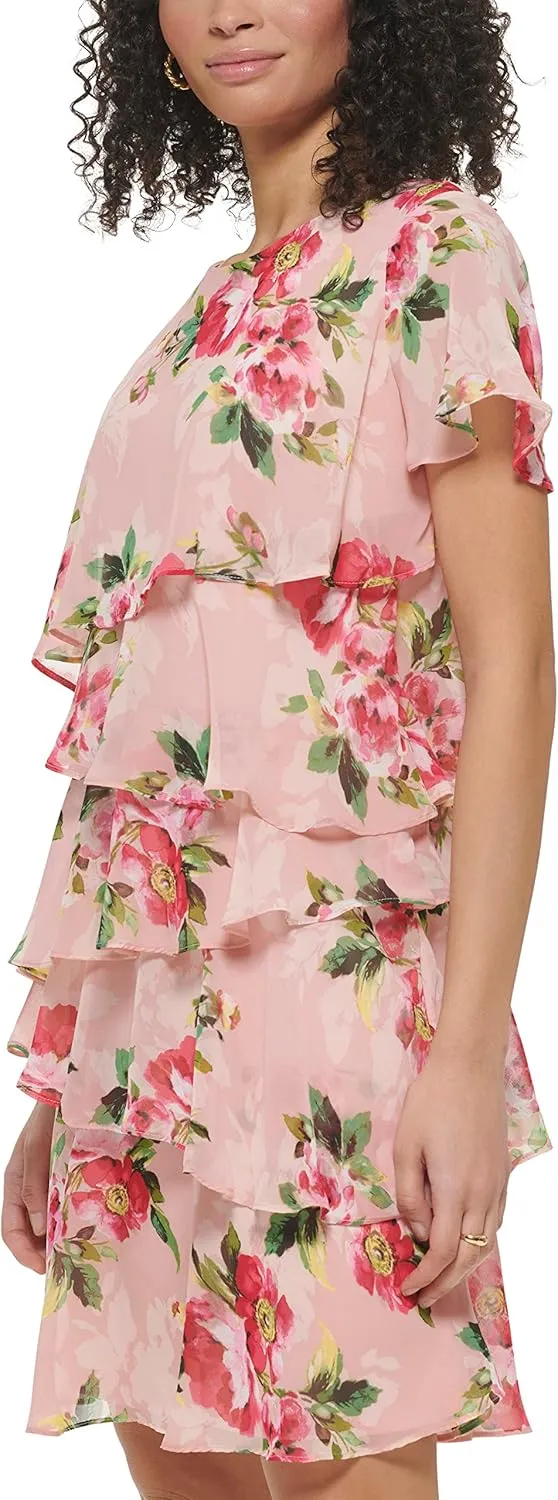 Eliza J Women's Gown Style Twist Waist Chiffon Flutter Sleeve Beaded Vneck Dress