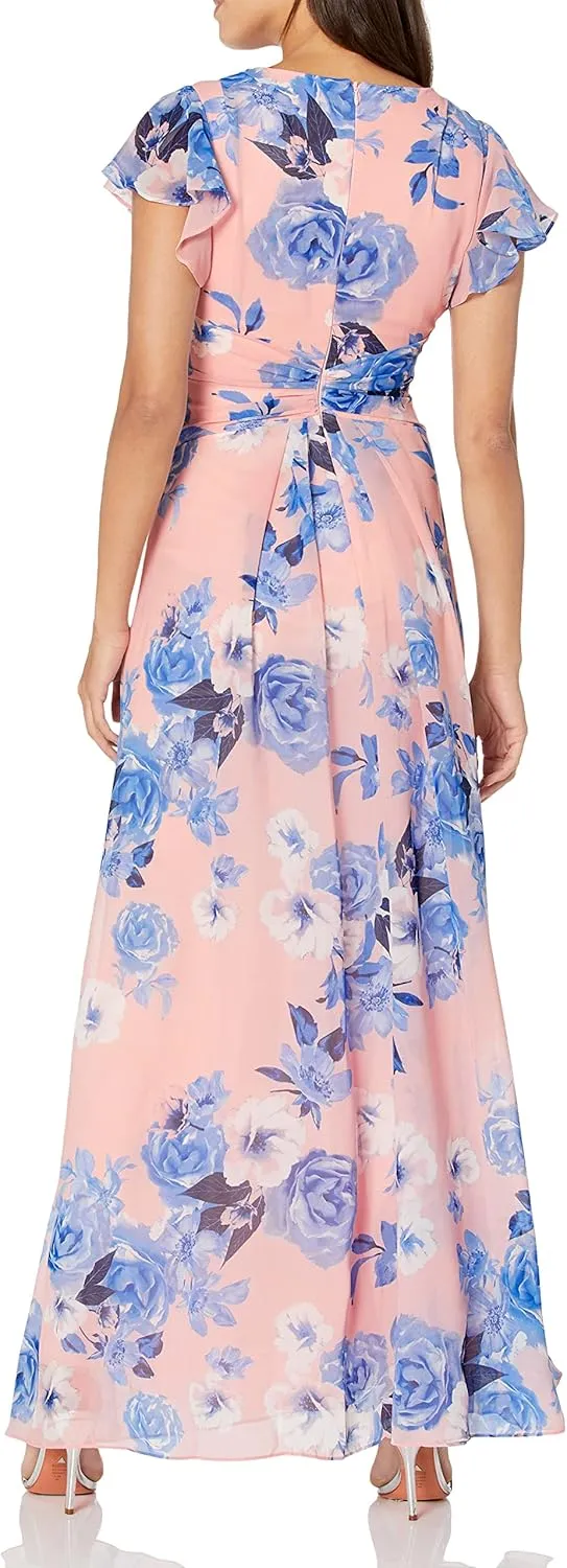 Eliza J Women's Gown Style Twist Waist Chiffon Flutter Sleeve Beaded Vneck Dress