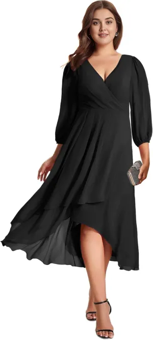 Ever-Pretty Women's A Line Pleated V Neck Chiffon 3/4 Sleeves Midi Plus Size Wedding Guest Dresses 01926-DA