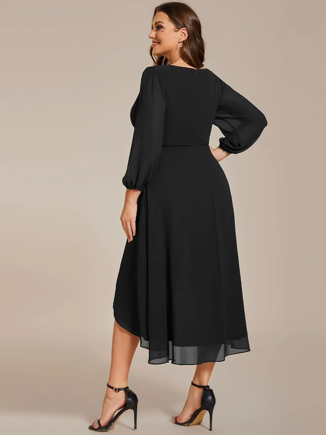 Ever-Pretty Women's A Line Pleated V Neck Chiffon 3/4 Sleeves Midi Plus Size Wedding Guest Dresses 01926-DA